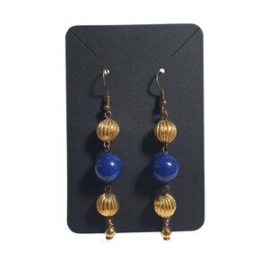 Handmade Gold Blue Beaded Dangle Earrings By Donovan Lightweight 3" Long Gift